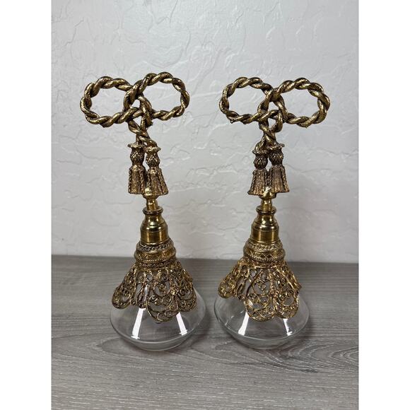 Set of 2 Vintage Stylebuilt Ribbon Bow Tassel Glass Gold Perfume Bottle Dauber - Picture 1 of 5